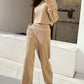 Waffle-Knit Round Neck Top and Pants Set