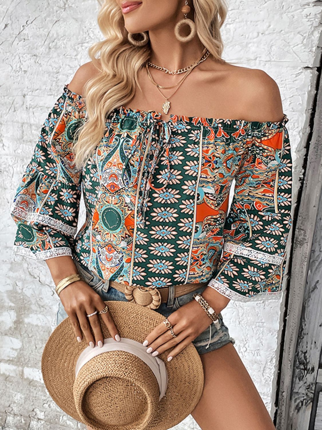 Printed Frill Trim Off-Shoulder Blouse