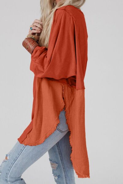 Contrast Texture Round Neck Long Sleeve Blouse