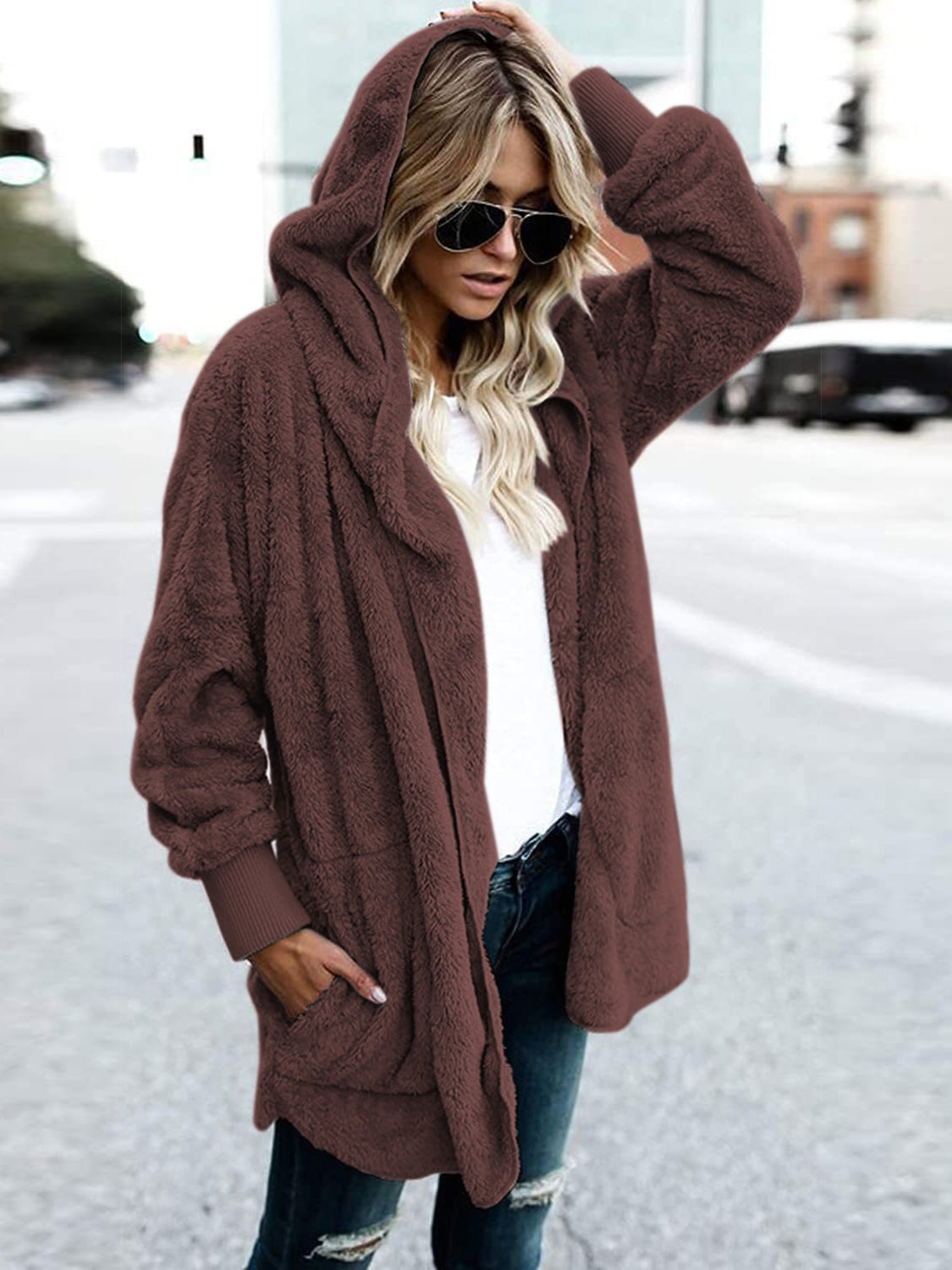 Teddy Hooded Jacket with Pockets