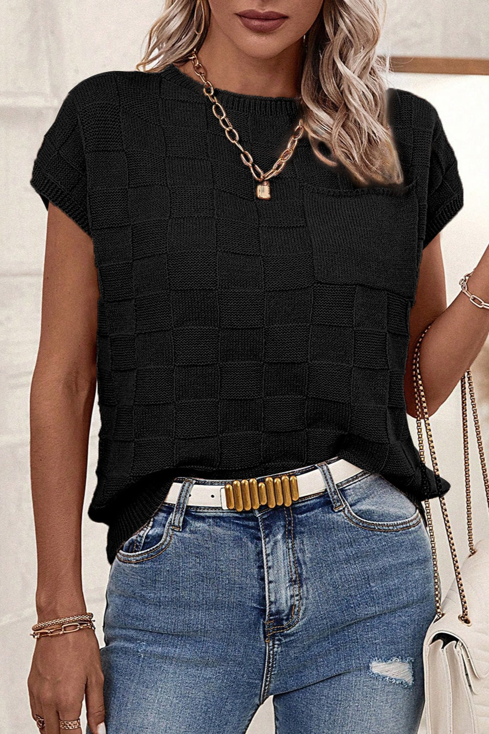 Pocketed Checkered Round Neck Knit Top