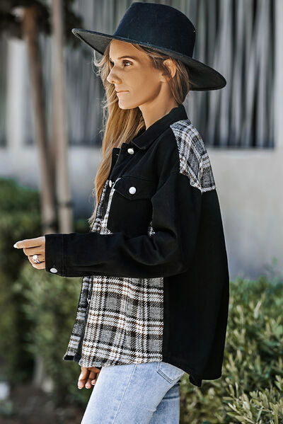 Plaid Pocketed Button Up Denim Jacket