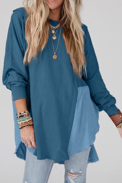 Contrast Texture Round Neck Long Sleeve Blouse