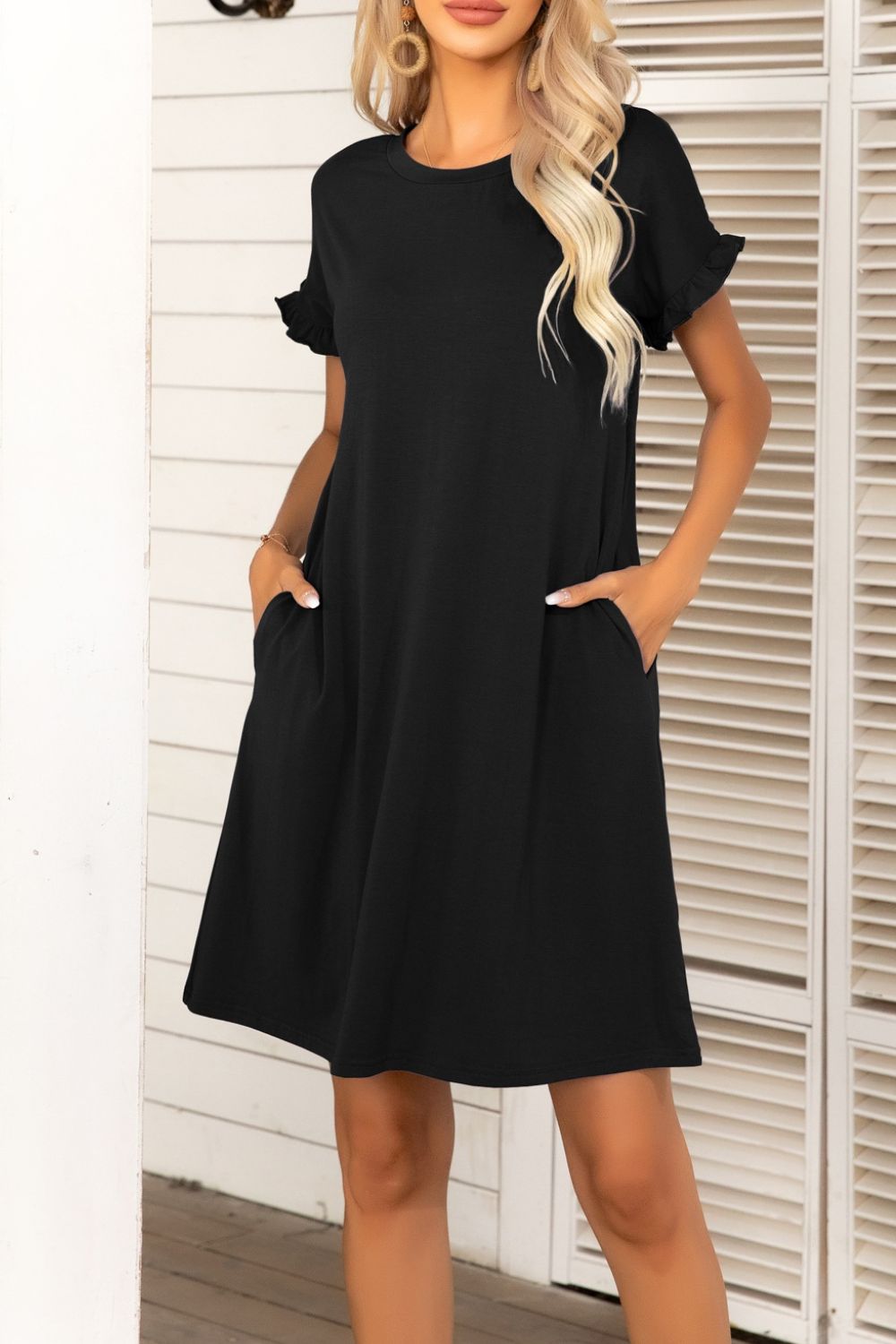 Flounce Sleeve Round Neck Dress with Pockets