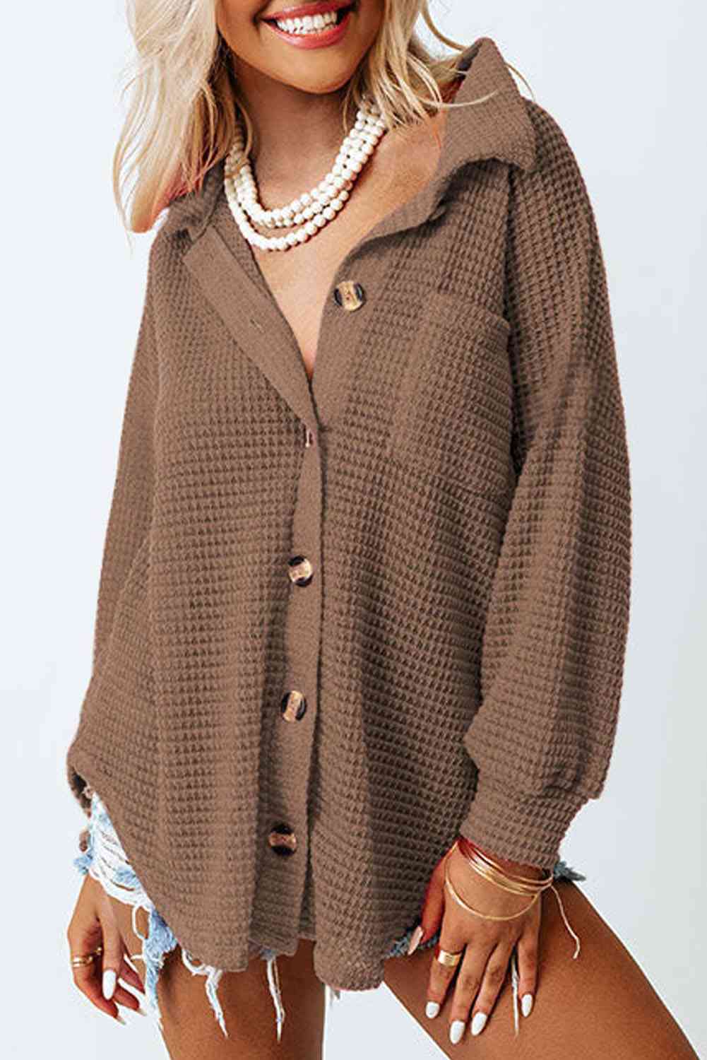 Waffle-Knit Button Up Long Sleeve Shirt with Pocket