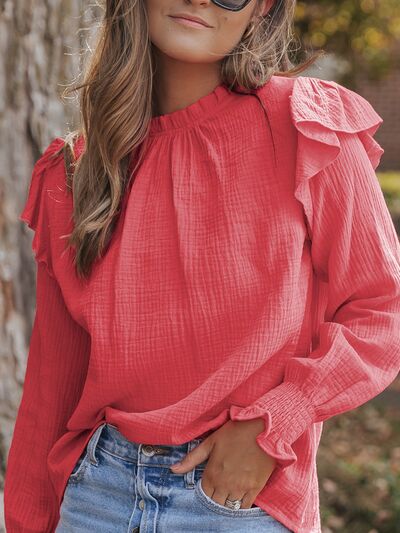 Frill Mock Neck Long Sleeve Blouse