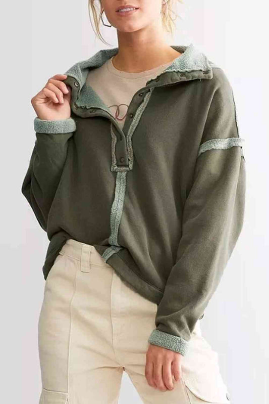 Collared Neck Half Sanp Up Drop Shoulder Sweatshirt