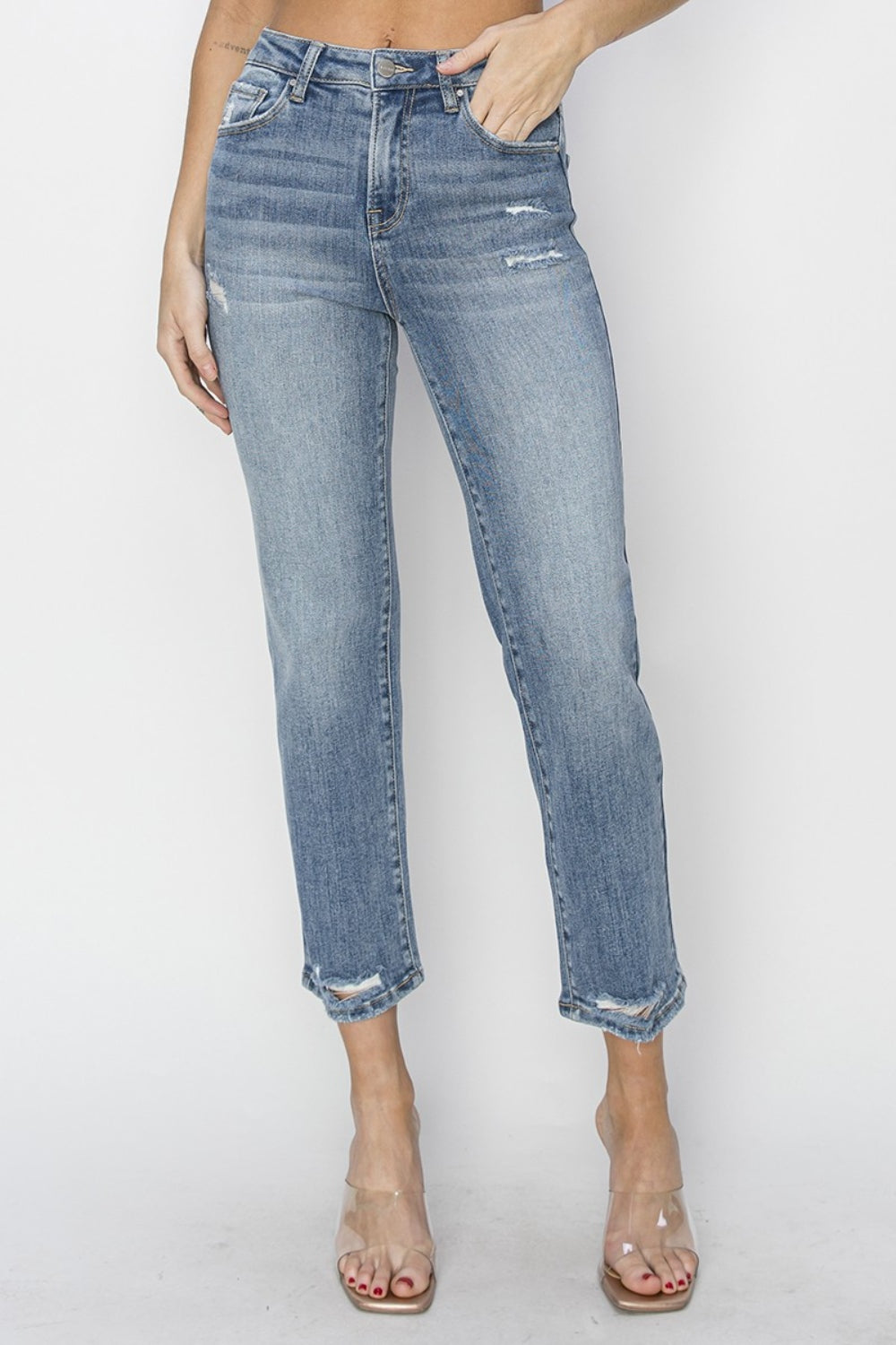 RISEN Full Size High Waist Distressed Cropped Jeans