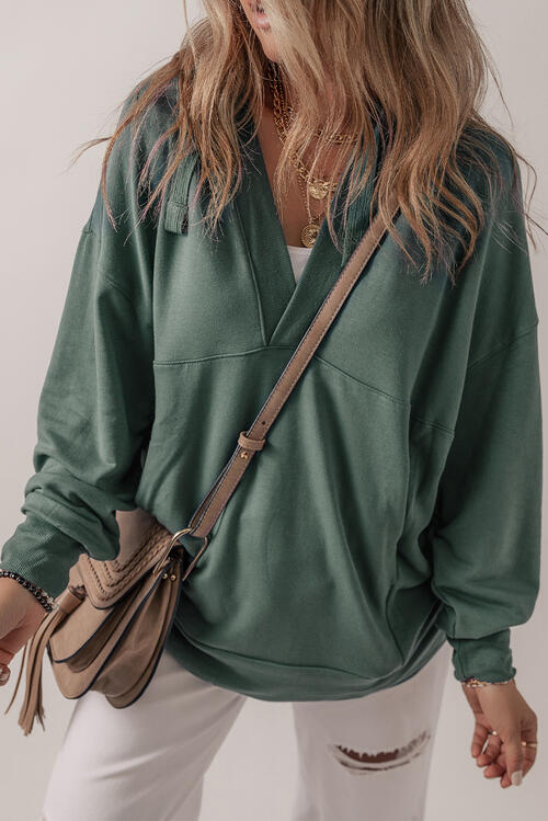 V-Neck Long Sleeve Hooded Top