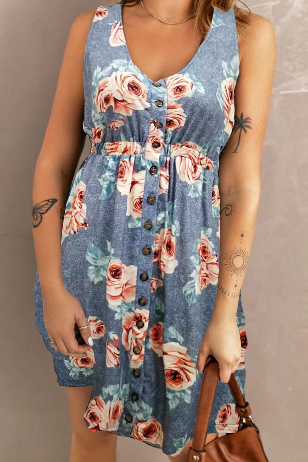 Printed Scoop Neck Sleeveless Buttoned Dress