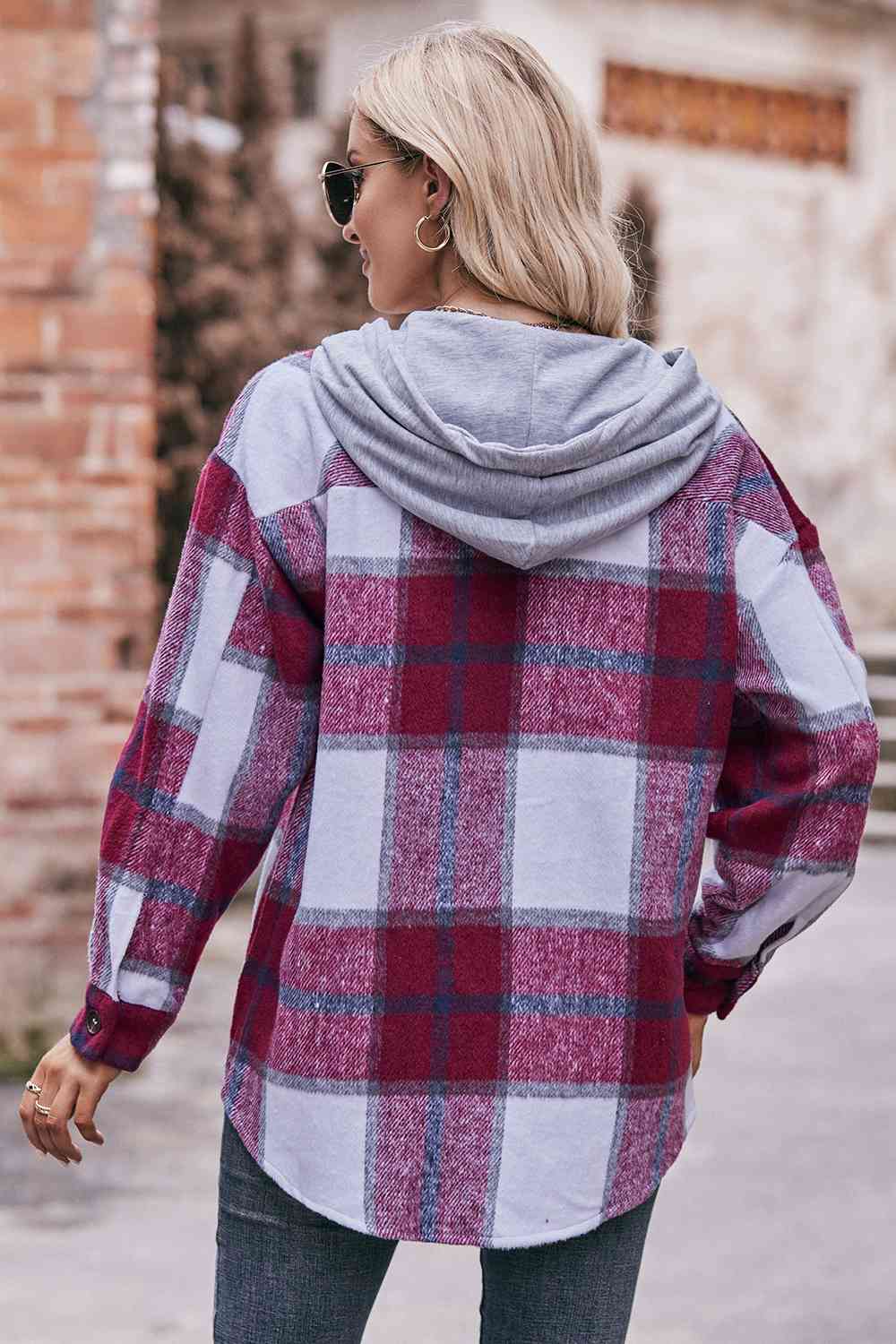 Plaid Dropped Shoulder Hooded Jacket