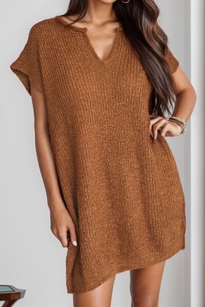 Notched Cap Sleeve Mini Sweater Dress