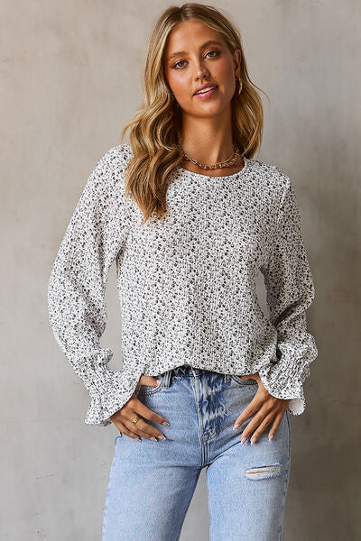 Floral Round Neck Flounce Sleeve Blouse