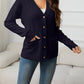 V-Neck Long Sleeve Buttoned Knit Top with Pocket