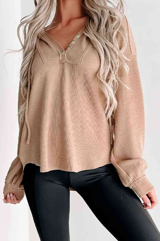 Buttoned Drop Shoulder Drawstring Hoodie